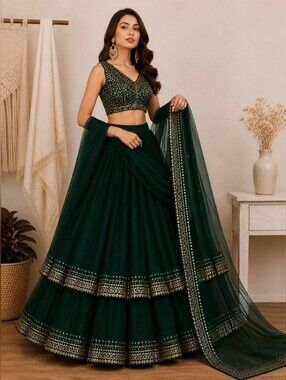 Green Gorgette With Sequined Work Lehenga Choli